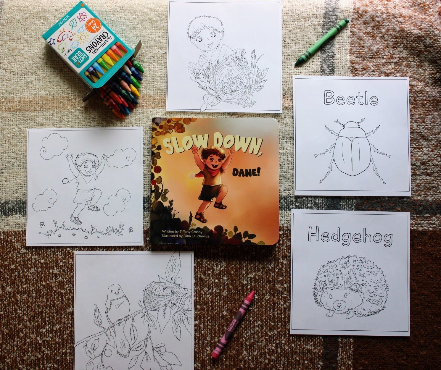 Slow Down Bundle featuring Slow Down, Dane! board book, five Everwood coloring pages, and crayons