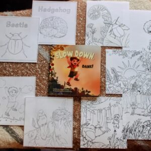 Slow Down Together Bundle featuring Slow Down, Dane!, children's coloring pages, adult coloring pages, crayons, and colored pencils