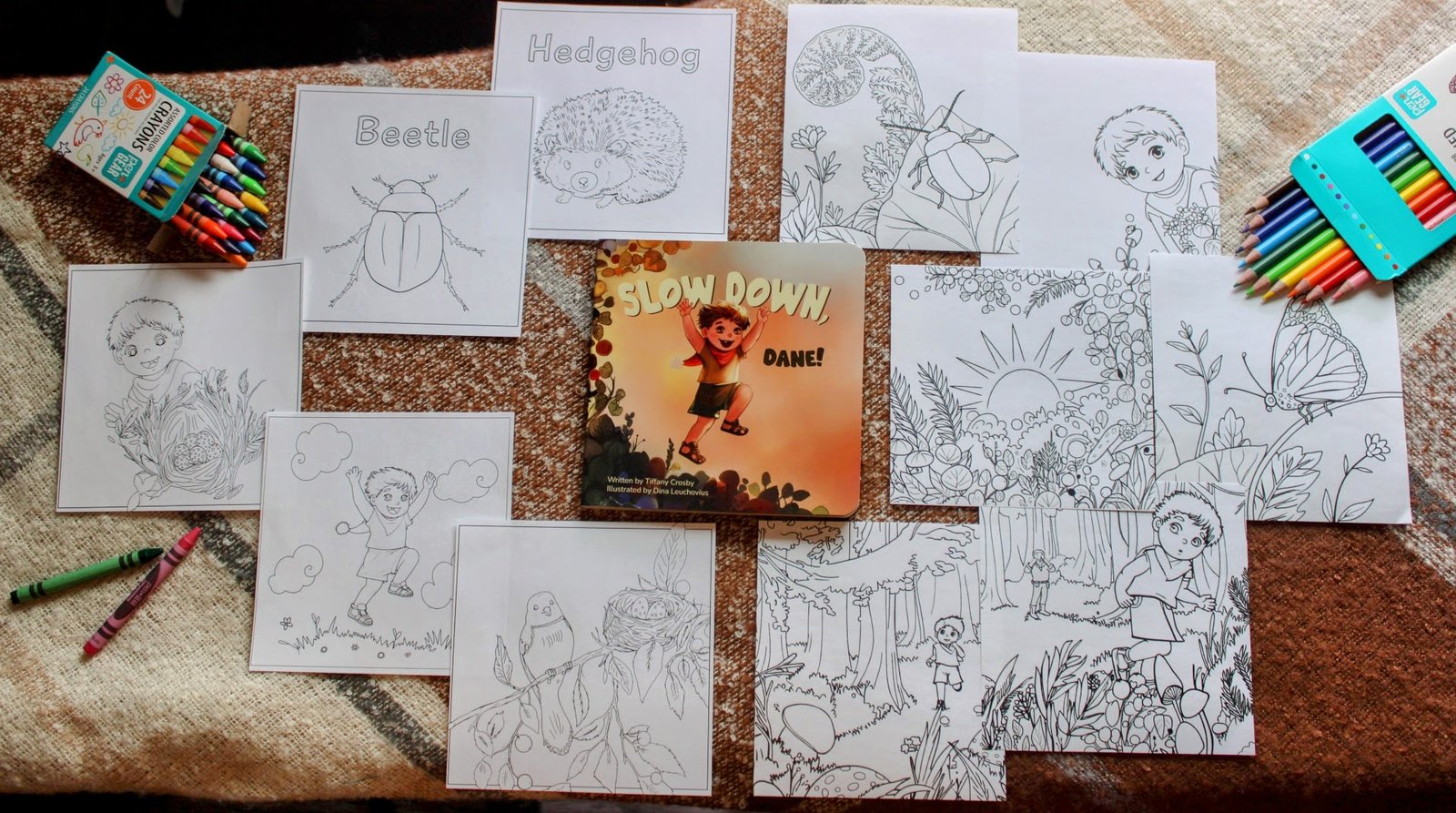 Slow Down Together Bundle featuring Slow Down, Dane!, children's coloring pages, adult coloring pages, crayons, and colored pencils